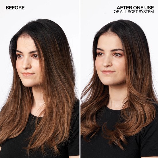Photo avant/après d'une femme aux cheveux bruns. Avant : secs et rêches. Après : brillants et doux.