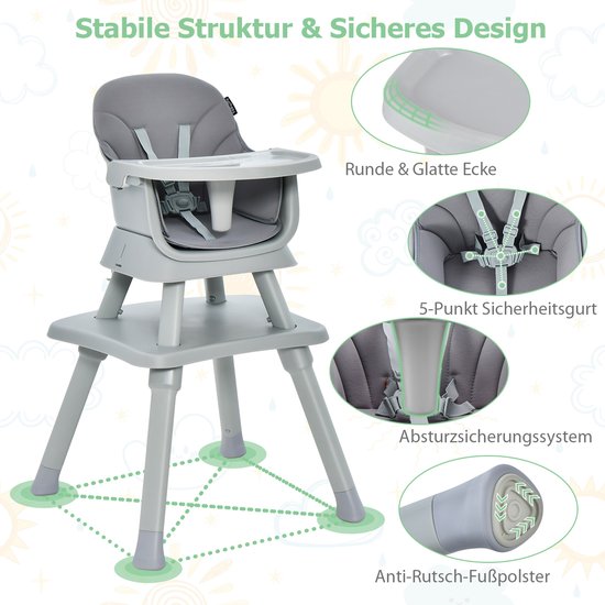 COSTWAY 6-in-1 babystoel, kinderstoel, eetstoel, leertafel, bouwsteentafel, kinderzitgroep, kinderstoel met veiligheidsgordel en afneembaar dienblad, babystoel, combikinderstoel, grijs van Merkloos — afbeelding 3