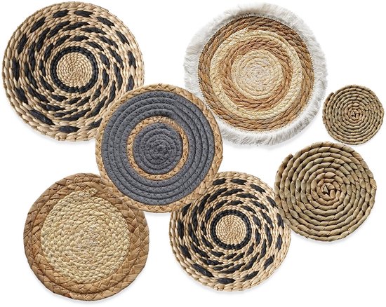 Alongen Boho-wanddecoratieset van 7, rieten manden, ronde rotan wanddecoratie, handgemaakte macramé geweven manden voor in de woonkamer, slaapkamer, eetkamer en op kantoor