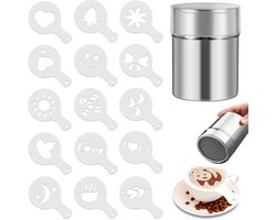 Ibenzoa® Roestvrijstalen Cacaostrooier met 16 Unieke Sjablonen voor Koffie- en Dessertdecoratie