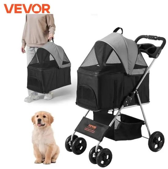 Fudajo Dog Cart 2-in-1 Dog Buggy Foldable Black Pet Cart Dogs with Basket and Shelf