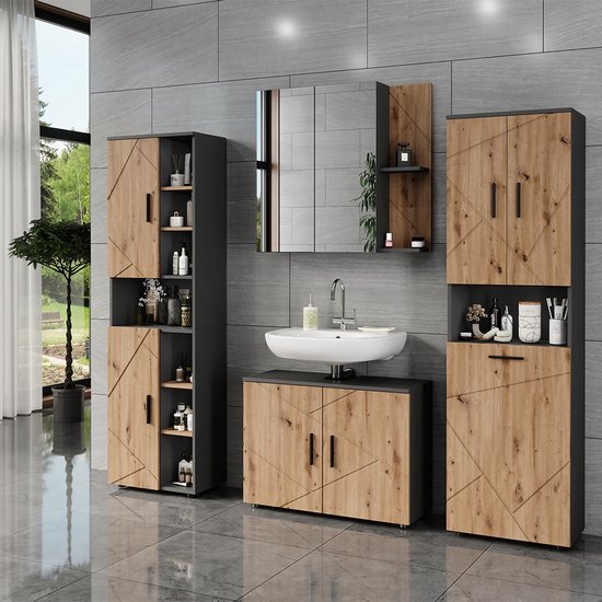 Vicco Hoge kast Irma, Antraciet/Goudkleurig Eiken, 50 x 172 cm met 2 deuren