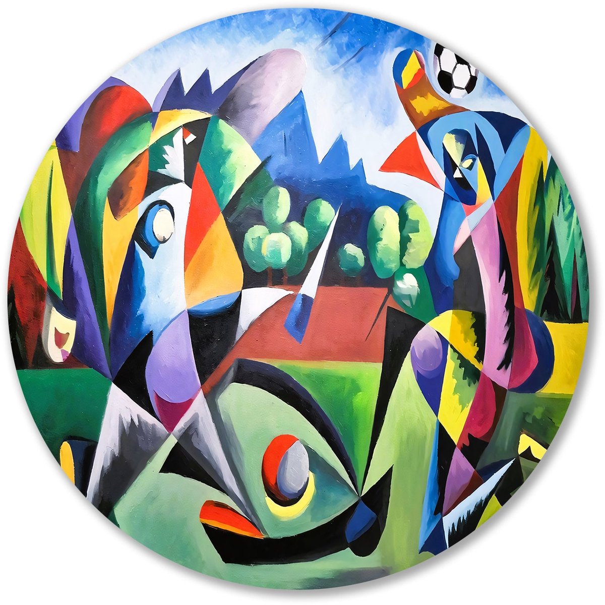 Abstracte kleurrijke voetbalactie - Sport muurcirkels - Ronde wandprint voetbal - Kubisme