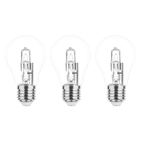 Drie heldere E27 halogeenlampen naast elkaar met een zilveren schroefdraad.