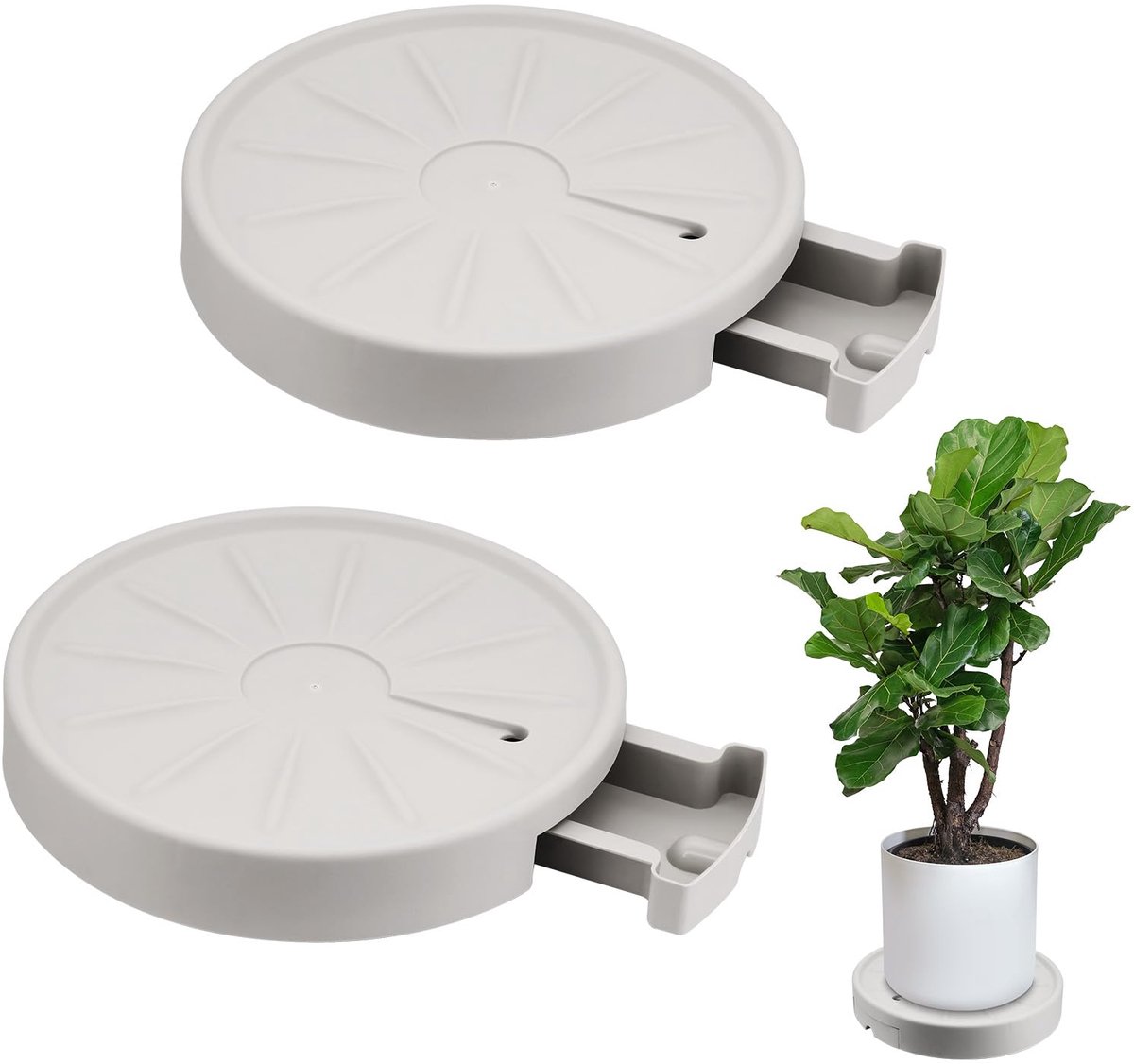 Ibenzoa® Robuust Pannenrol Set, 2 Stuks, 28cm, Voor Bloemrollen met Verborgen Wielen en Onderzetter, Geschikt voor Binnen en Buiten, Tot 200 KG Draagkracht, Grijs-Wit