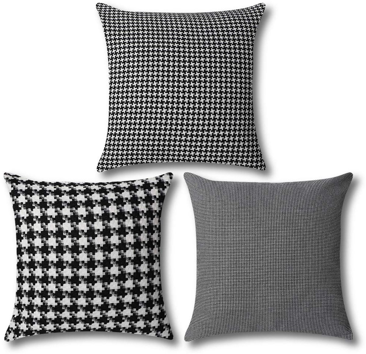 Ibenzoa Set van Drie Kussenslopen met Klassiek Pieddepouledesign, Zwart-Wit Rooster, 45 x 45 cm