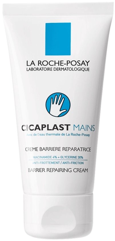 La Roche-Posay Cicaplast Mains handcrème, witte tube met blauw logo en handafbeelding. Bevat 50ml.