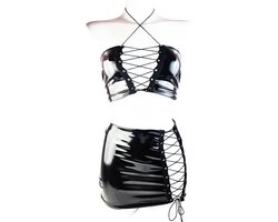 BamBella® Rok en top - Maat L/XL - Zwart Sexy Set van Datex (Mix latex en stof ) Erotische dames kleding set kostuum Rok Lak glans shiny paal dans pak
