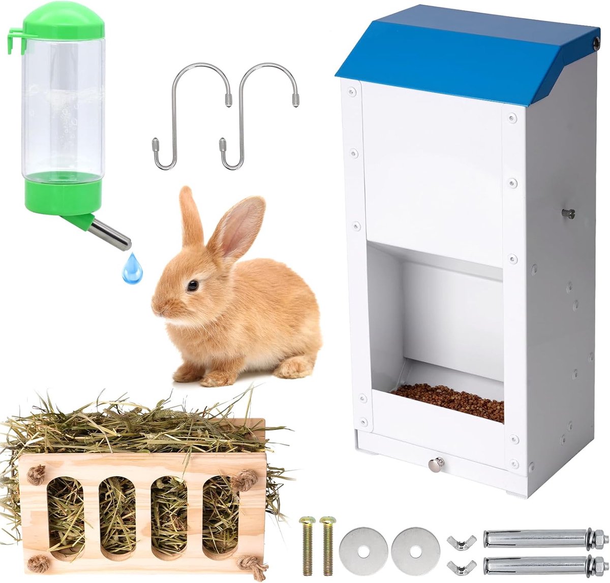 Konijnenvoerbak, Metalen Konijnenvoerbakset, Hooirek voor Cavia’s met Drinkfles, Geschikt voor Konijnen, Cavia’s, Fretten en Kleine Rectale Huisdieren