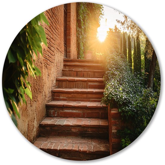 Rustieke trap in zonlicht - Trap wanddecoratie rond - Wandschaal architectuur - Realisme - Muurcirkel Forex - Kunst aan de muur - muurcirkel forex 40x40 cm
