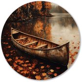 Houten kano op herfstmeer - Kano schilderij rond - Wandschaal object - Realisme - Forex ronde decoratie - Kunst voor landelijke interieurs - muurcirkel forex 80x80 cm
