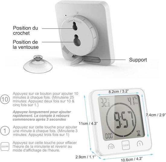 ONEVER Badkamer-klok, digitale luchtvochtigheids- en temperatuurmeter, digitale klok met LCD-scherm, touch controle, timer, wekker voor keuken, badkamer ( wit