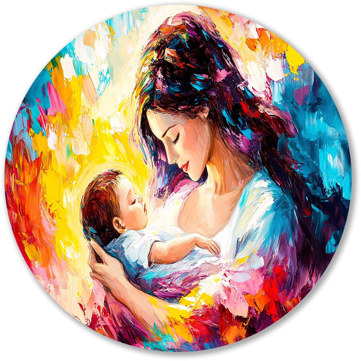 Moeder met baby in kleur - Moederliefde muurdecoratie rond - Rond kunstwerk moeder - Expressionisme - Forex wandkunst rond - Kunstwerk - muurcirkel forex 70x70 cm