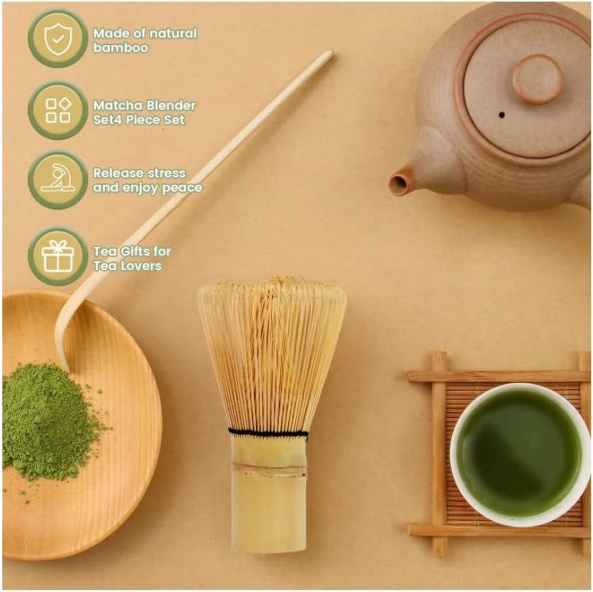 Goodwei Matcha Set Theeset met Matcha klopper bamboe, keramische Matcha kom Chawan en bezemhouder Chasentate in bijpassend design | Japanse Theeceremonie Kit (80, Burashi
