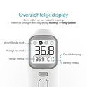 Infrarood thermometer met digitaal display. Weergave van de huidige temperatuur (36.8°C) en vorige meting (36.9°C). Iconen voor verschillende modi.