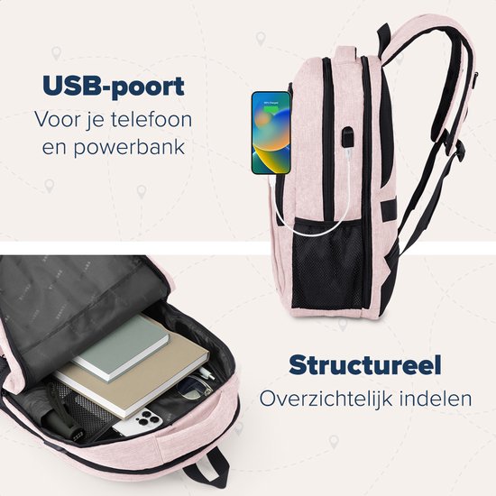 Lichtroze rugzak met zwarte accenten, met een USB-poort en een open hoofdvak met laptopvak.