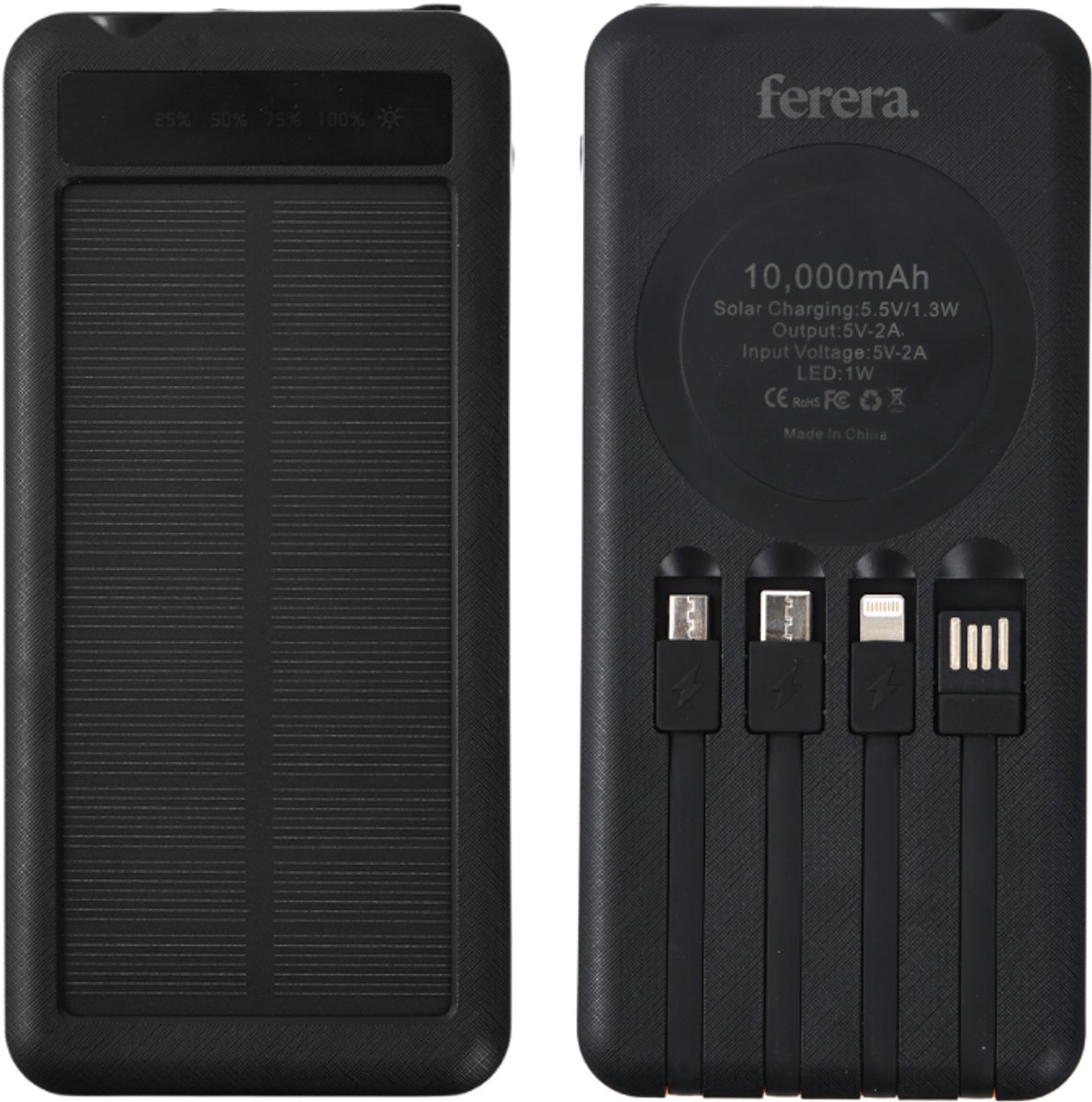Ferera Solar Powerbank - 10.000 mAh - Ingebouwde Kabels - Noodpakket Zonne-energie - Solar Charger