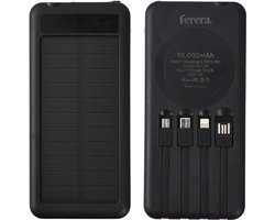 Ferera Solar Powerbank – 10.000 mAh – Ingebouwde Kabels – Noodpakket Zonne-energie – Solar Charger