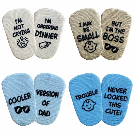 SilverandCoco® Baby Sokjes met Grappige Tekst - Geboorte Geschenkset Sokken Antislip Katoen - Kraam pakket Cadeau Gift Set - Shower Cadeautjes Geschenk Versiering Decoratie - Zwangerschap Katoenen Kleding - Gender Reveal Zwanger - Jongen Boy Blauw van Merkloos — afbeelding 2