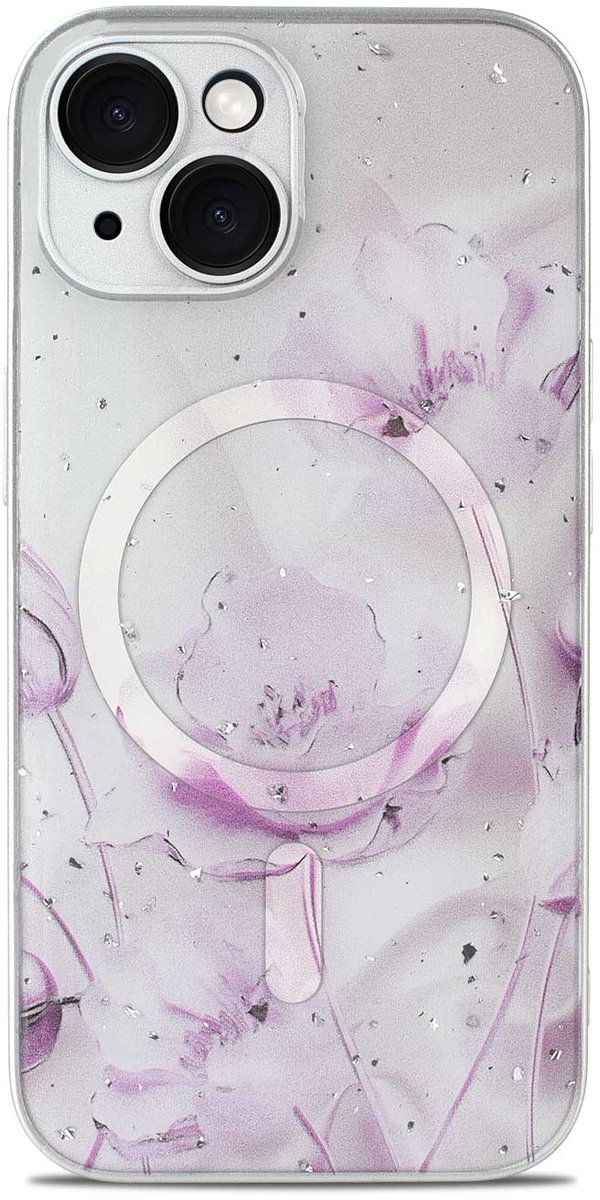 Casemania Hoesje Geschikt voor Apple iPhone 13 - Licht Roze - Bloemen Glitter Back Cover met Camera Bescherming - Geschikt voor MagSafe