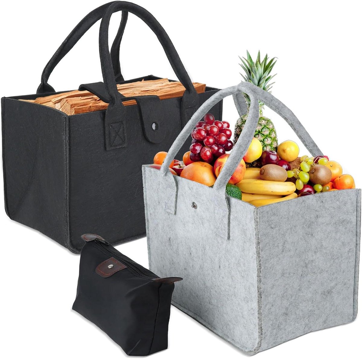 Allecto Plus - Set van 2 grijze boodschappentassen van vilt | Afmetingen 30 x 20 x 18 cm | Opvouwbare vilten mand | Voor winkelen en opslag van boeken, kleding en speelgoed