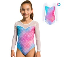 Joya Kids® Turnpakje Meisjes met Lange Doorzichtige Mouwen Mermaid Schubben met Scrunchie | Blauw en Roze met Glitters en Strass Steentjes Ballet pakje | Gymnastiekpakje | Turnen | Turn Pakje | Maat 110