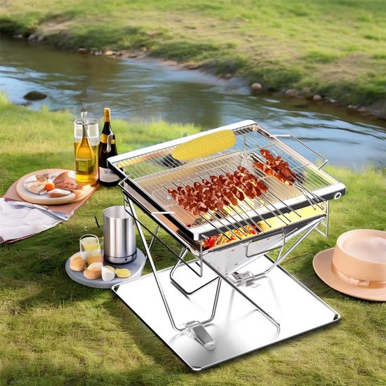Barbecue pliable - Pour le Camping et la cuisine en plein air - Camping - Barbecue à foyer - Cuisson au bois et portable avec sac de transport - Acier inoxydable
