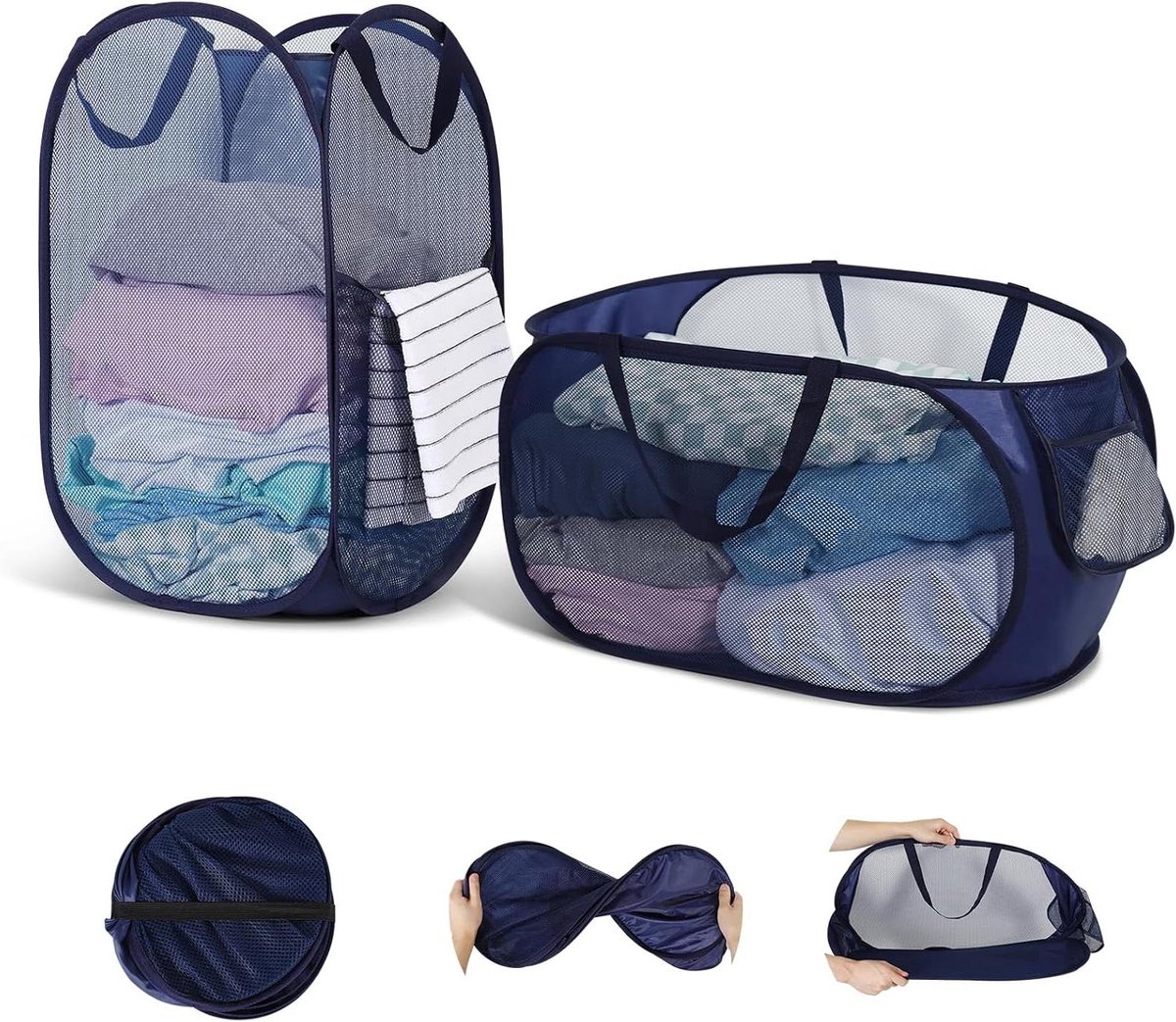 Pop Up Laundry Basket - Pack of 2 Foldable Mesh Baskets with Reinforced Handles for Children's Room, Camping, College Dorm, and Travel (Navy Blue)