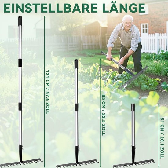 Metal Garden Rake with 14 Teeth and Leaf Crushers - Stainless Steel Handle - for Loosening Ground and Leveling Lawn - Robust Construction — afbeelding 2