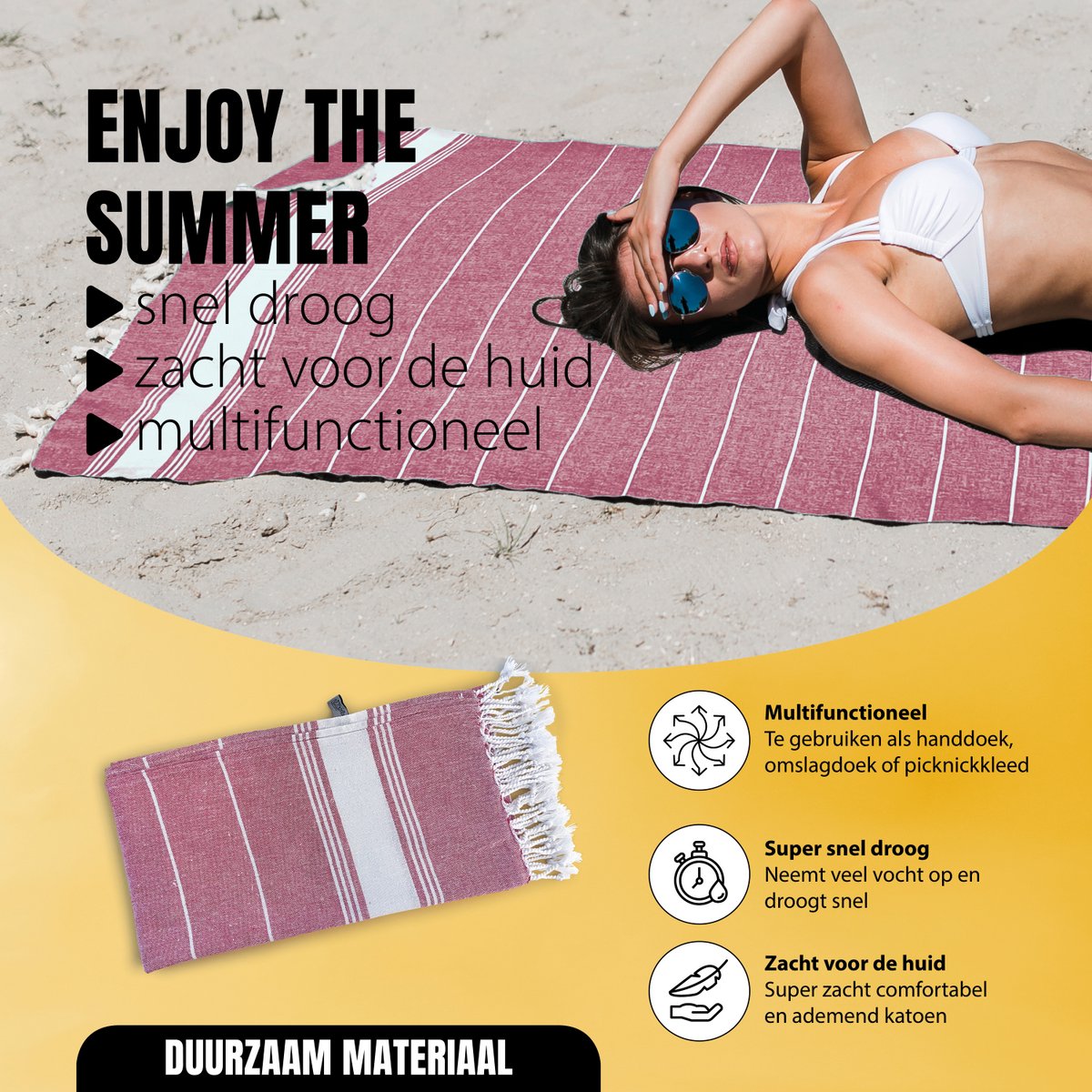 Eleganzzz Hamamdoek 90x180cm - Red - Saunadoek - Strandhanddoek - Yogadoek - Spadoek - Omslagdoek - Strandlaken - Zacht - Lichtgewicht - Sneldrogend