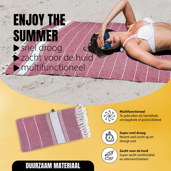 Eleganzzz Hamamdoek 90x180cm - Red - Saunadoek - Strandhanddoek - Yogadoek - Spadoek - Omslagdoek - Strandlaken - Zacht - Lichtgewicht - Sneldrogend
