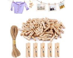 Allecto Plus - Houten Wasknijpers 3.5cm met 10m Jute Touw voor Kleding - Natuurlijke Duurzame Kledinghaken voor Kleding, Foto's en Kaarten - 150 Stuks