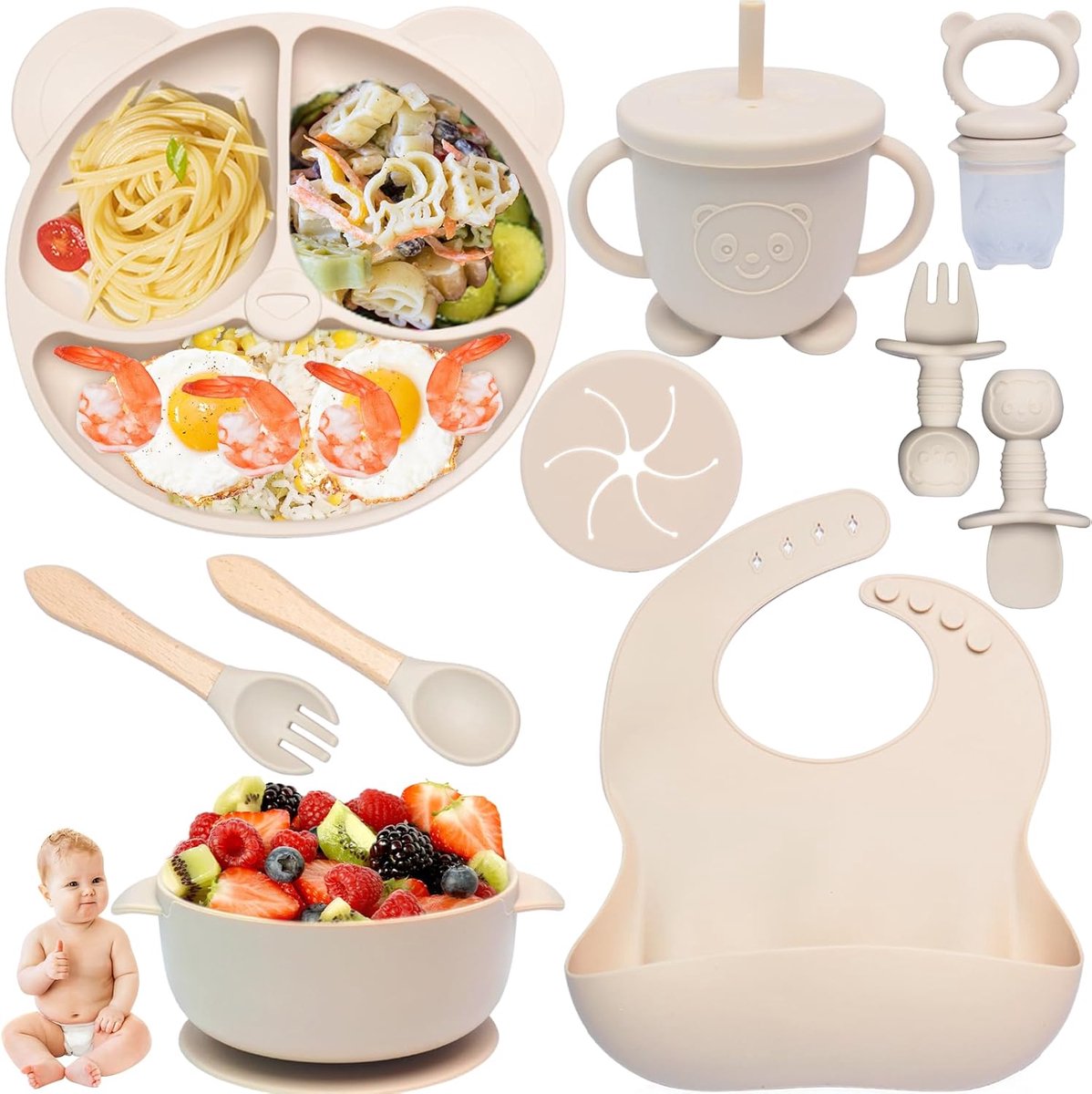 Image of 10-delige babyspenen set - voedingsset - beige - siliconen