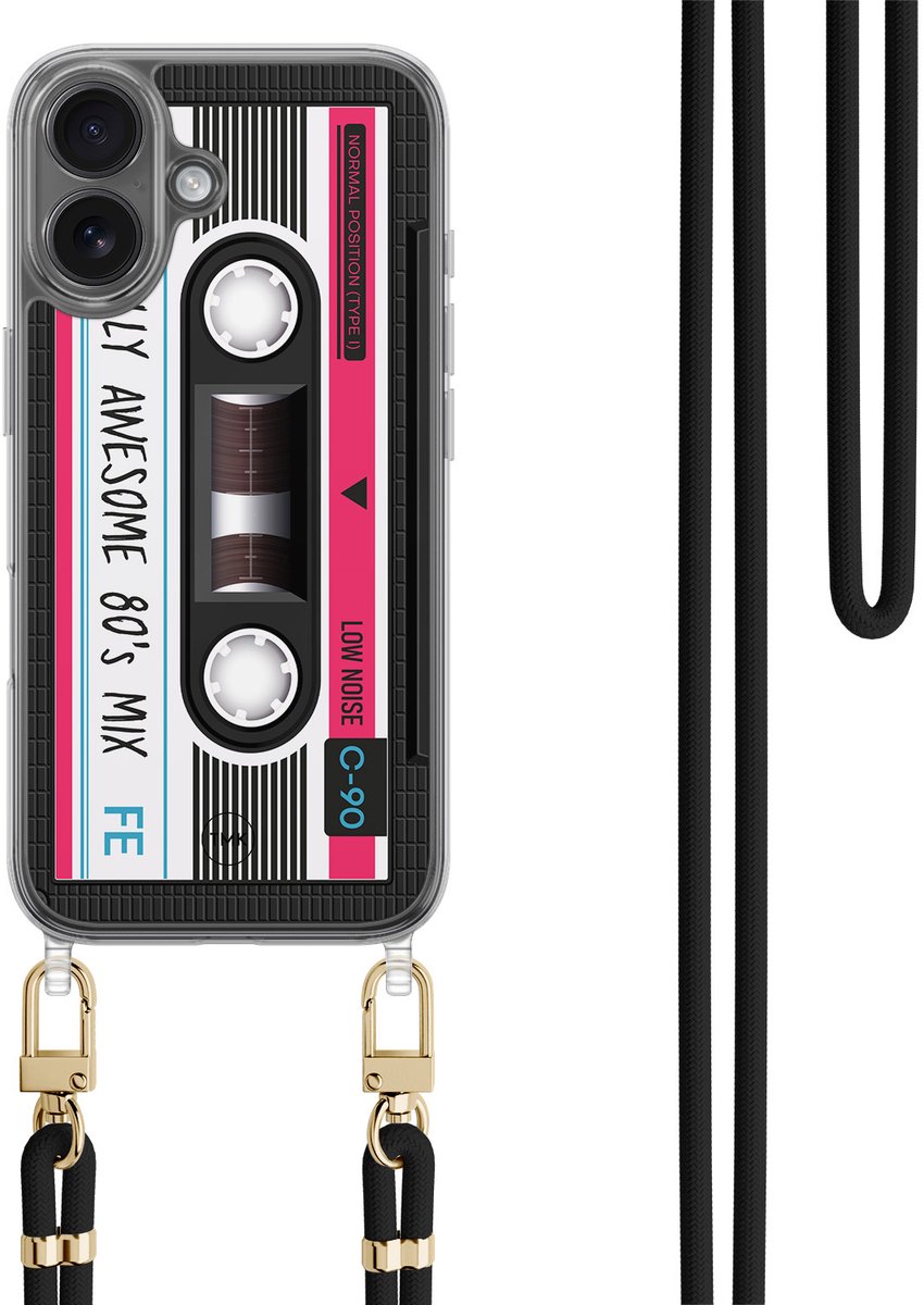 Casevibes - Telefoonhoesje met koord - Geschikt voor Apple iPhone 16 - Cassette - Zwart - Print