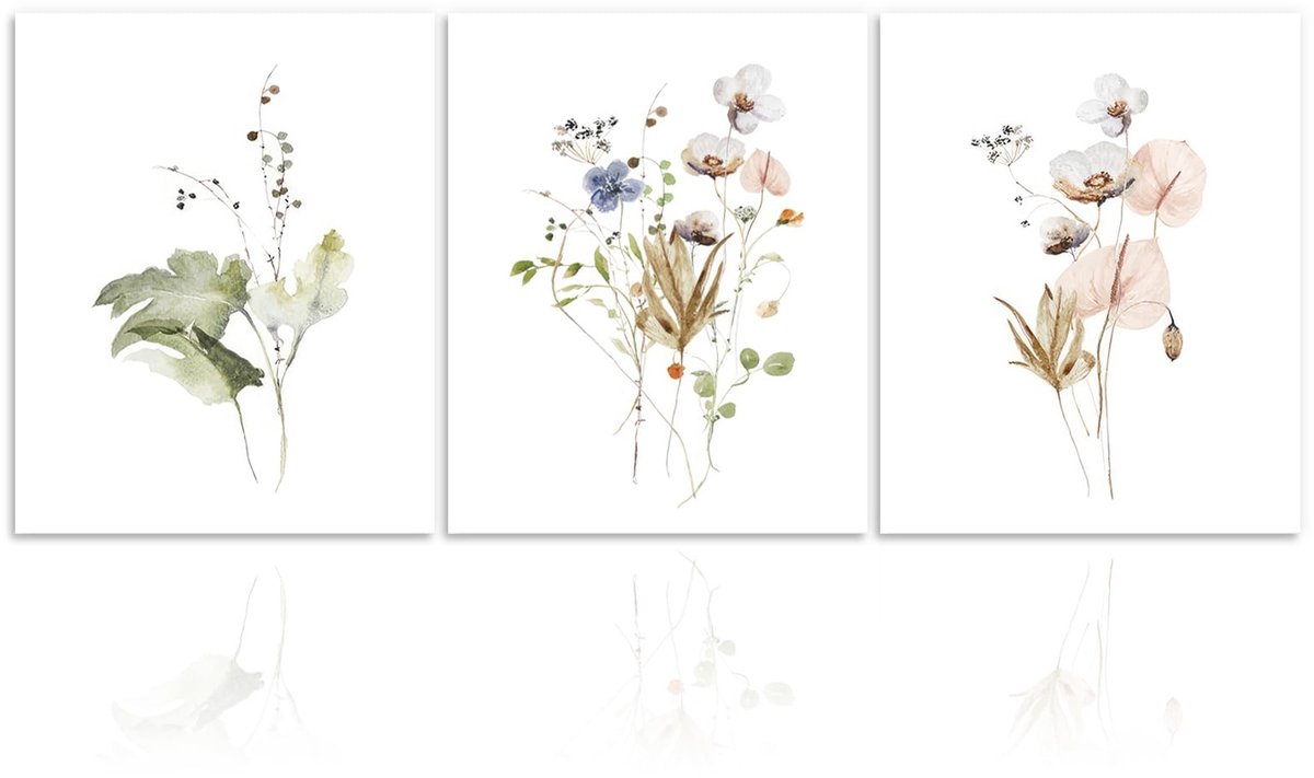 Ibenzoa Rustieke Botanische Canvas Wanddecoratie Set van 3 voor Slaapkamer en Woonkamer wit