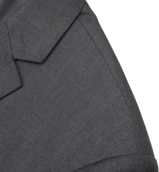 Donkergrijs colbert, close-up van de revers en de stofstructuur.