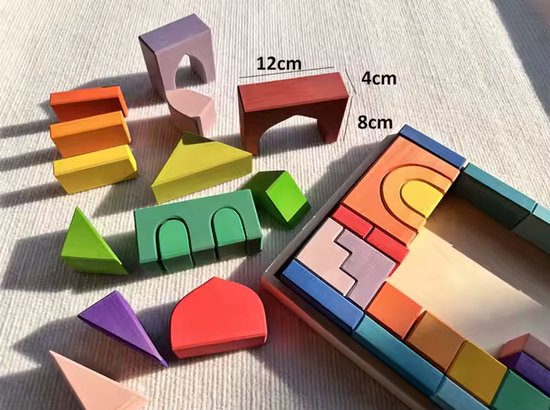 Houten blokken in tray - Regenboogkleuren - 35 blokken, 1 tray - 35 cm x 26 cm - Open einde speelgoed - Educatief montessori speelgoed - Grapat en Grimms style van Houten — afbeelding 5