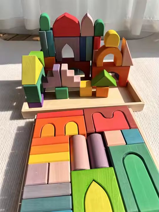 Houten blokken in tray - Regenboogkleuren - 35 blokken, 1 tray - 35 cm x 26 cm - Open einde speelgoed - Educatief montessori speelgoed - Grapat en Grimms style van Houten — afbeelding 2