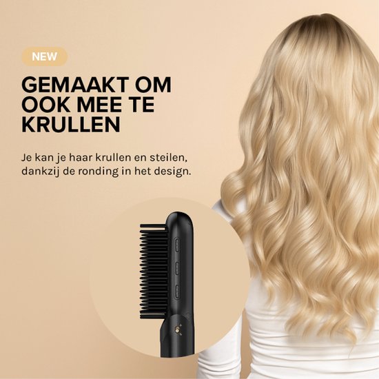 Blonde vrouw met golvend haar, naast een cirkel met zwarte stijltangborstel.
