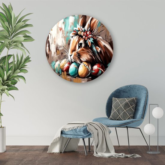 Konijn met eieren en bloemen - Konijn wandcirkel - Ronde wanddecoratie eieren - Expressionisme - Forex muurcirkel op maat - Kunst aan de muur - muurcirkel forex 40x40 cm