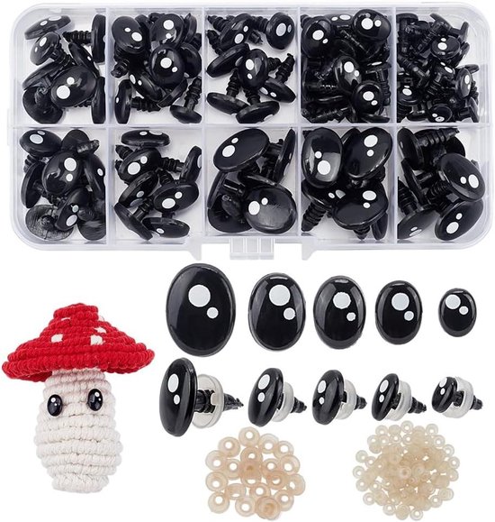 TOAOB 200 stuks zwarte ingenaaide veiligheidsogen van kunststof, 8 mm tot 17 mm, rond, naaiknopen voor het maken van poppen, poppen, scrapbooking, knutselen, knutselen