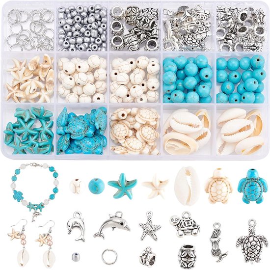Allecto Plus - Kit de fabrication de bijoux sur le thème de l'océan avec des perles de tortue bleues et blanches et des pendentifs en étoile de mer - Colliers et bracelets de cheville DIY - Fabrication d'amulettes - Accessoires de vie marine