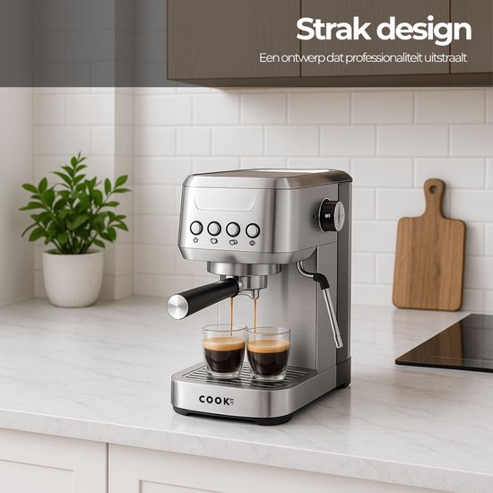 Zilverkleurige espressomachine met 'Strak design' tekst, twee kopjes espresso.