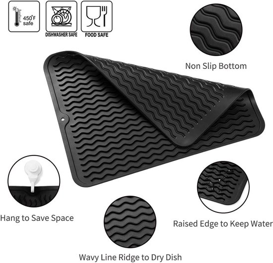 Tapis d'évier - Tapis d'évier - Siliconen - Tapis d'évier - Pour tapis d'évier - Protection d'évier - Tapis d'égouttage - Le tapis protège l'évier, la cuvette du lave-vaisselle et la vaisselle des rayures et des dommages - noir - 40 x 30 cm