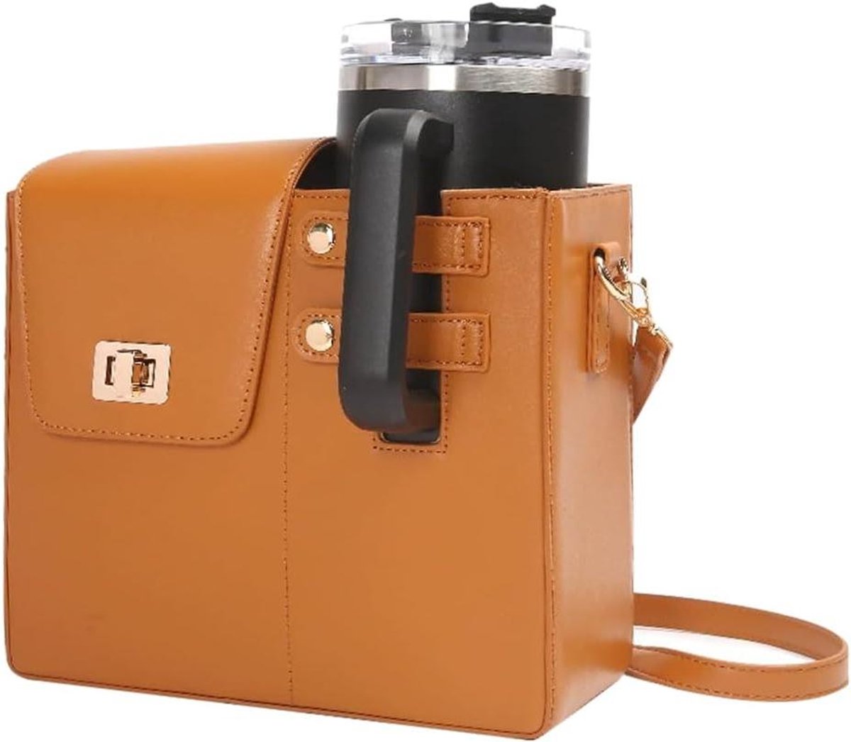 Allecto Plus - Waterfleshouder tas voor Tumbler - draagtas voor 100 ml beker met vak - verstelbare schouderriem - accessoires - bruin - 23 x 23 x 23 cm