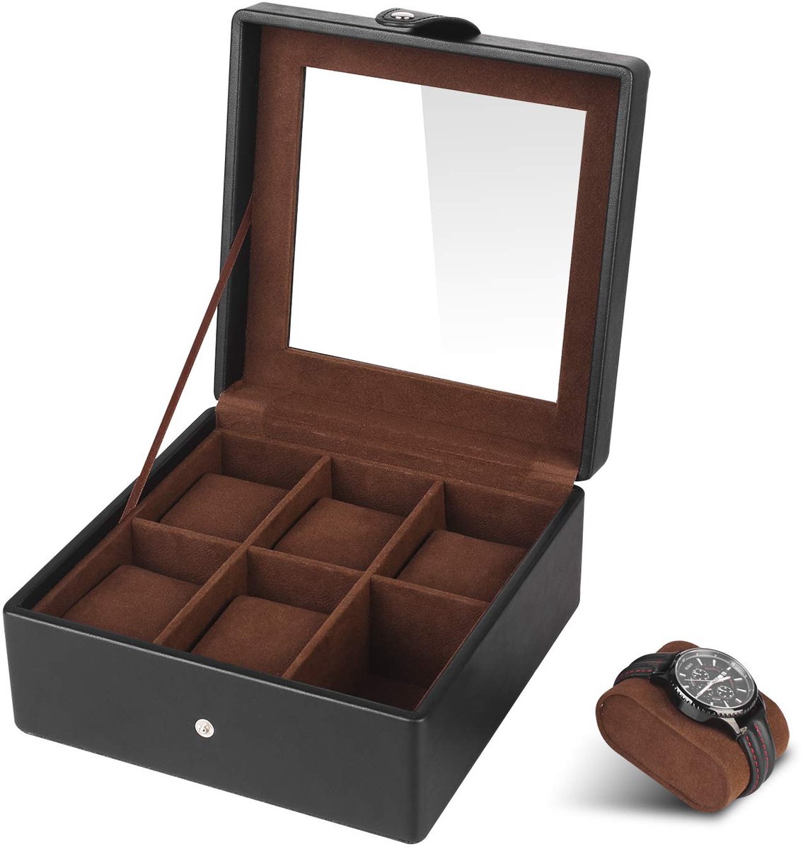 SHYOSUCCE Horlogebox met 6 compartimenten, transparant glazen deksel en uitneembaar fluwelen kussen, horlogebox van PU-leer, zwart (19,5 x 19,5 x 9,5 cm)