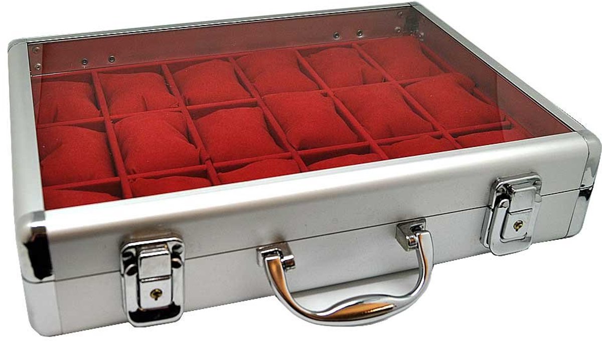 Aluminium horlogekast voor 18 horloges, horlogebox, display case, horlogekast, ROOD 4736