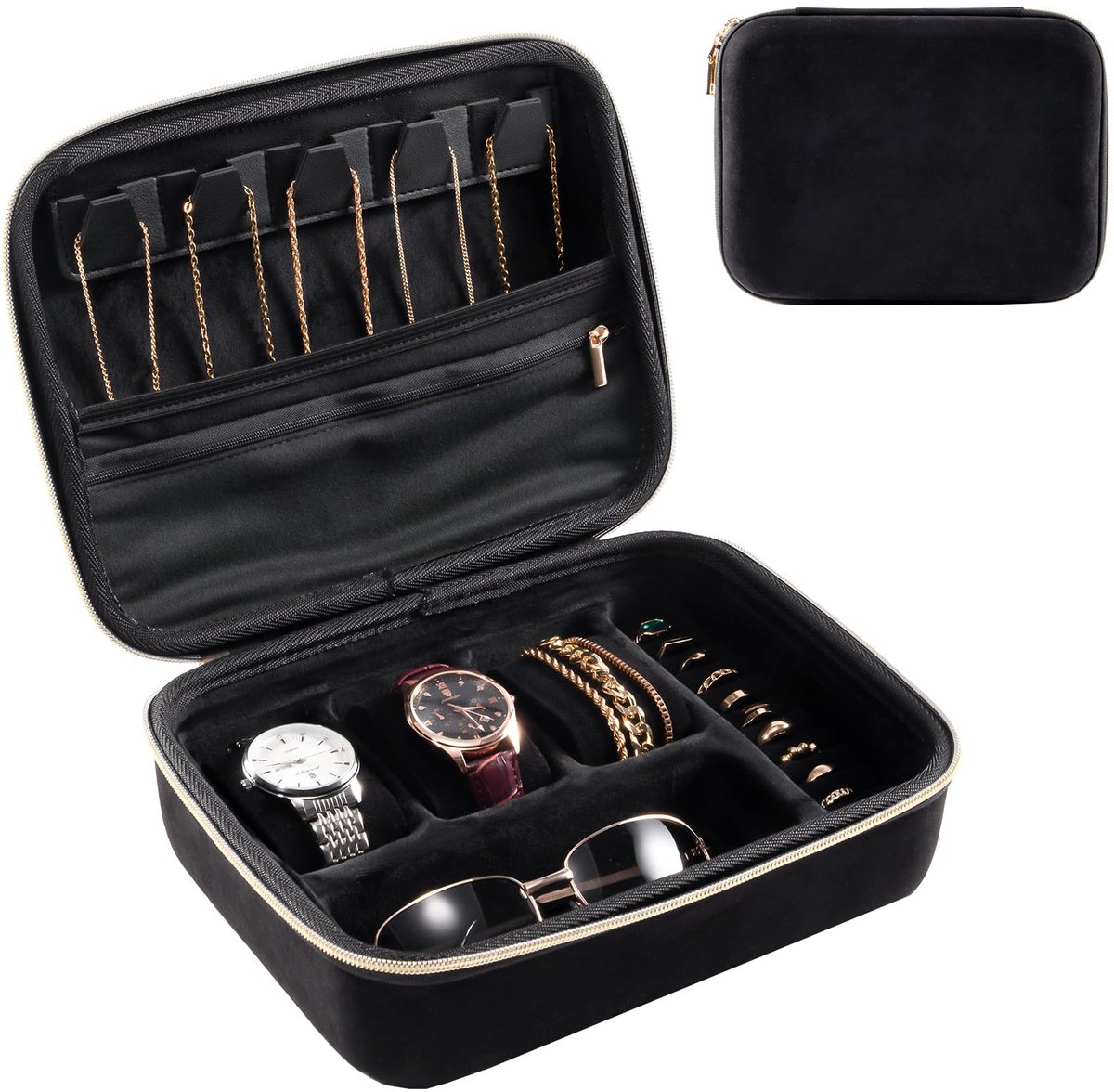 ProCase reissieradendoos voor heren, 3 vakken, horloge-accessoires, reisopbergdoos, sieradendoos voor heren, brillen, kettingen, ringen, armbanden, organizertas voor heren - zwart