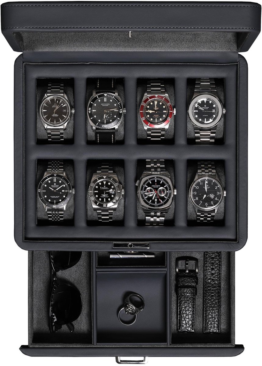ROTHWELL Luxe Horlogebox voor 8 Horloges - Kunstleren Horlogebox met Echt Glazen Deksel - Accessoirelade met Meerdere Compartimenten (Carbon)