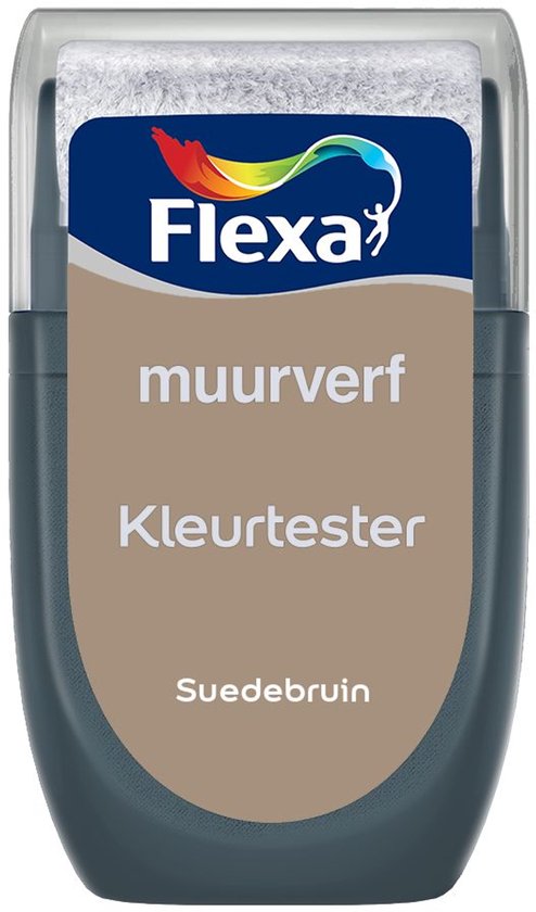 Flexa kleurentester "Suedebruin" muurverf in een doorzichtige verpakking.